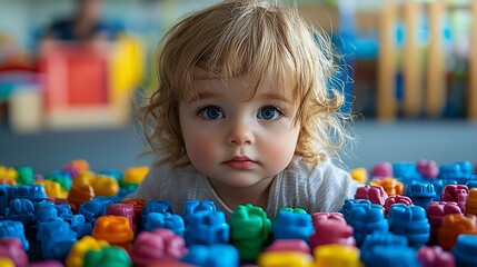 Adorable toddler with blonde curls playing with colorful building blocks.