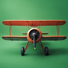 Vintage biplane, orange, green background.