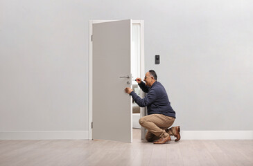 Man kneeling and fixing a door