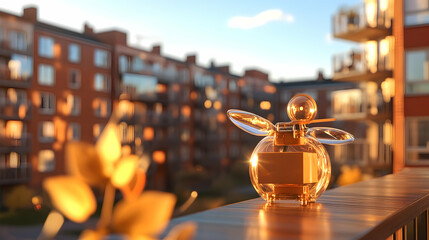 Golden perfume bottle on balcony at sunset.