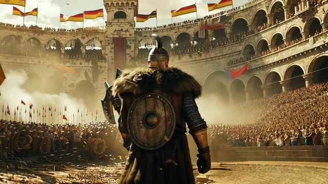 Viking walking into a arena.