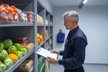 Man Checking Inventory in a Modern Food Storage Space with Shelves Full of Fresh Produce and Packaged Goods for Efficient Organization and Management