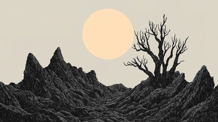 Eerie sunset over rugged mountains abstract hand-drawn landscape minimalist aesthetic nature artistic viewpoint