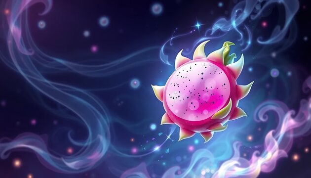 Mystical Glowing Dragon Fruit in a Cosmic Dreamscape: A vibrant digital illustration of a dragon fruit radiating a magical, ethereal glow surrounded by swirling cosmic smoke and stars, creating a whim