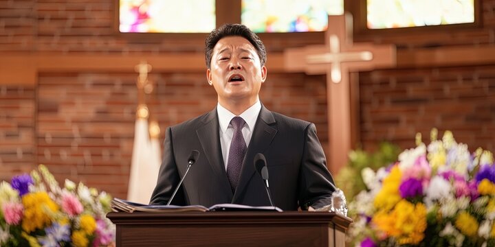 korean pastor giving church sermon -