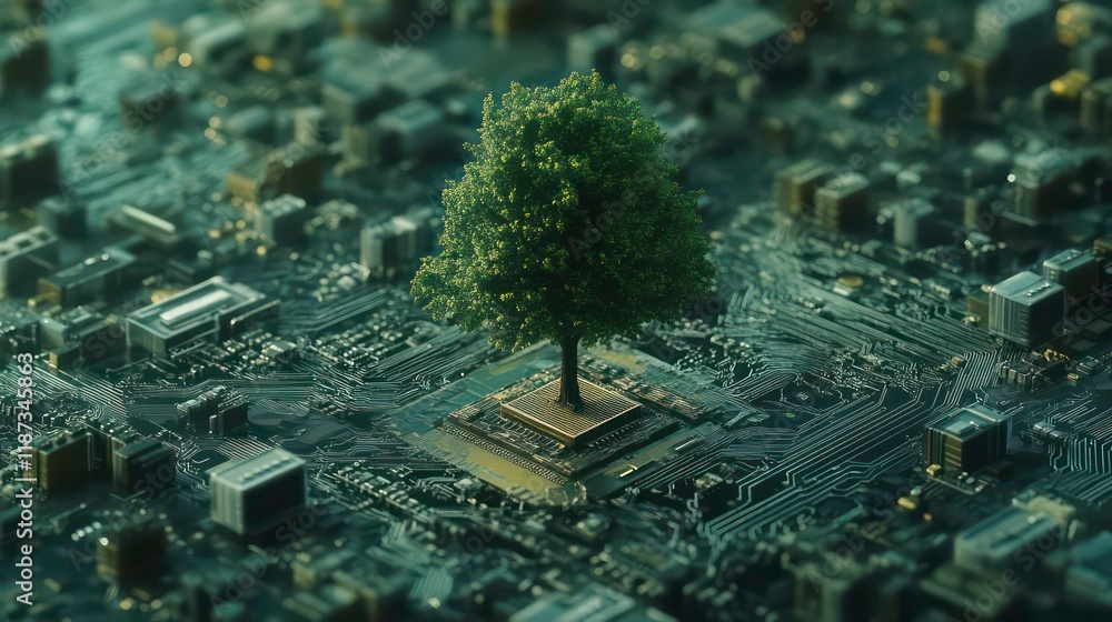 Aufkleber A lush green tree grows from a computer's central processing unit, symbolizing technological harmony with nature.