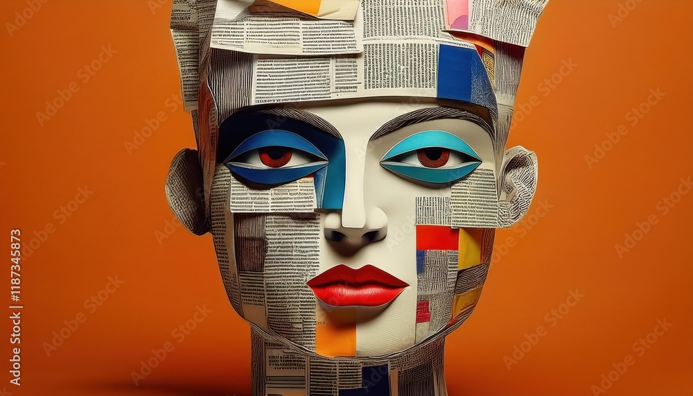 Poster striking surreal portrait composed of newspaper abstract concept art showcasing a fascinating amalga