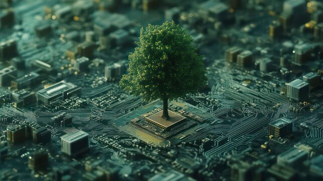 A lush green tree grows from a computer's central processing unit, symbolizing technological harmony with nature.