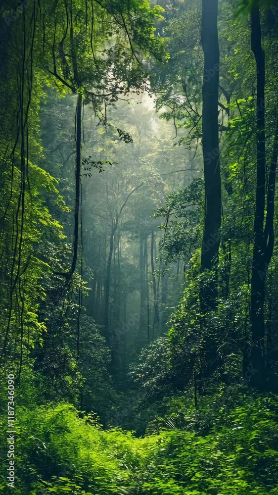 Poster lush rainforest setting with sunlight filtering through tree canopy in a tranquil forest