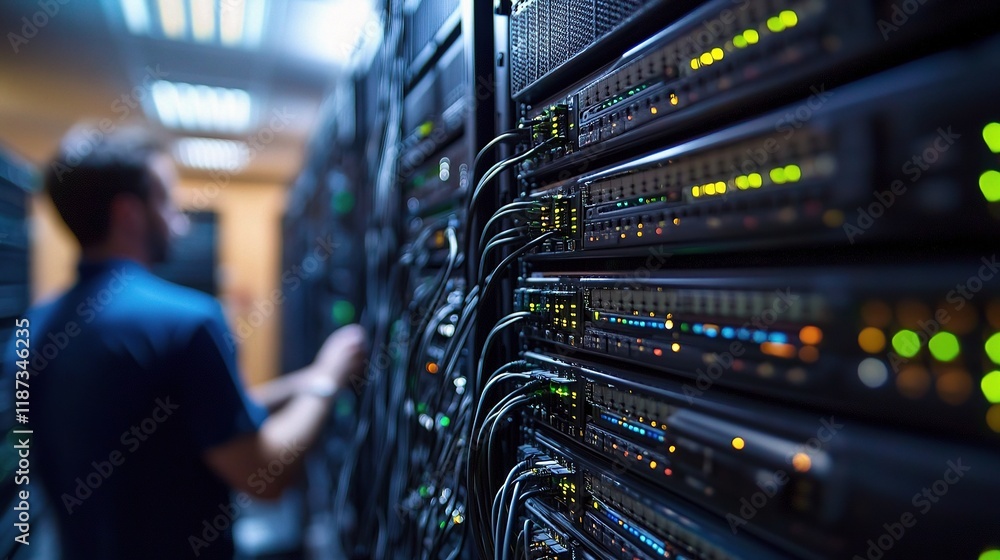 Poster network engineer managing multiple monitoring screens in data center