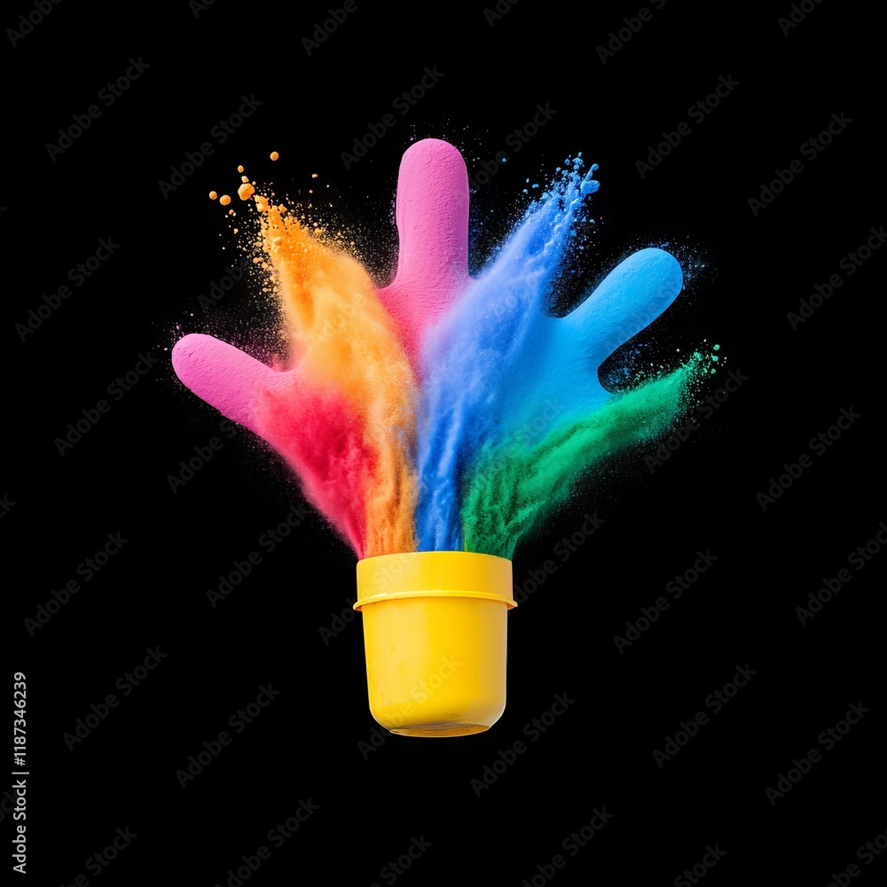 Aufkleber against a black background, a burst of multicolored dust clouds creates a dynamic and colorful explo