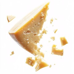 A wedge of aged Parmesan cheese with a crumbly texture and scattered pieces, on a white background