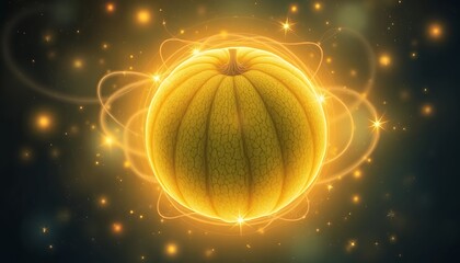 Fototapeta premium Mystical Glowing Fruit: A radiant, golden sphere of light and energy, emanating a magical and enchanting aura against a dark background. This surreal illustration evokes feelings of wonder, magic, and