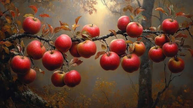 Red apples on a branch in autumn.