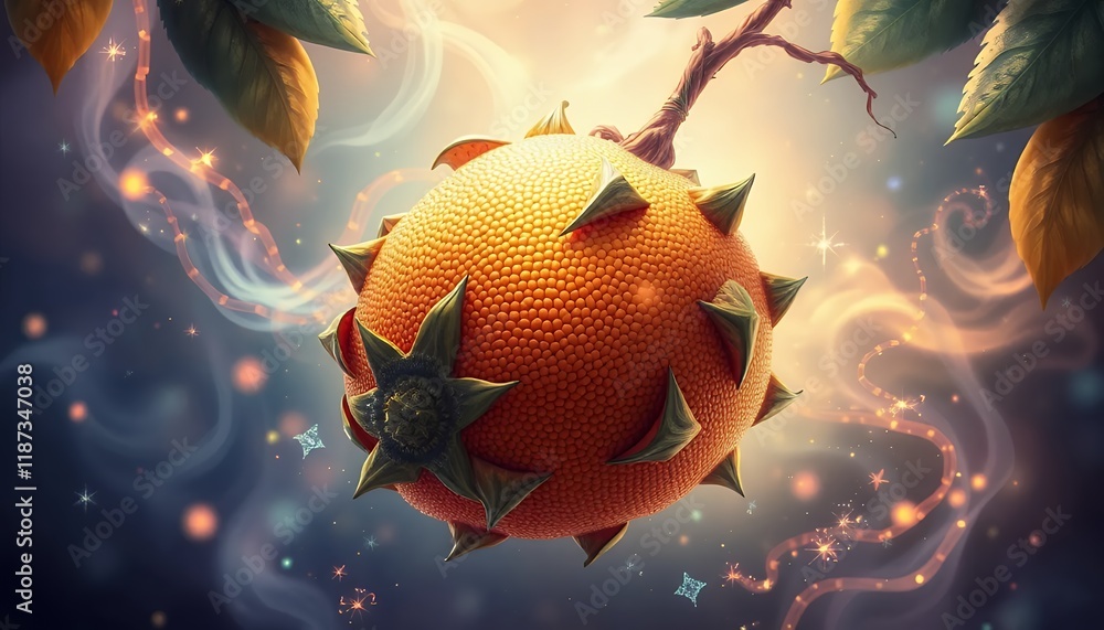 Poster mystical glowing orange fruit in a fantasy setting: digital pixel art of an enchanted orb hanging fr