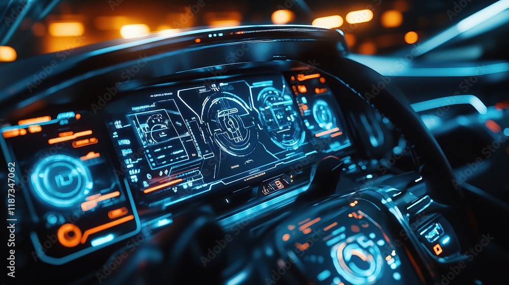 Poster futuristic blue dashboard display with virtual elements in sci-fi setting