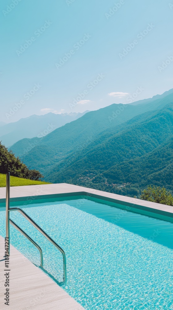 Poster infinity pool with crystal clear turquoise water offers a breathtaking view of a vast mountain range
