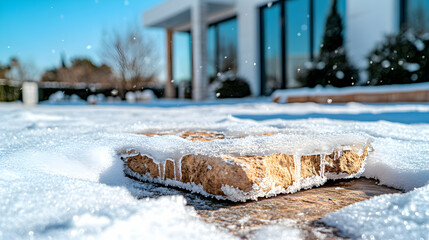 Icy stone patio in snowy winter scene.