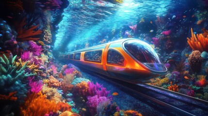 Futuristic underwater train travels through vibrant coral reef.