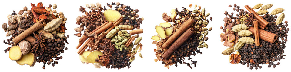 Chai spices – A blend of spices (like cardamom, cinnamon, and ginger) used to make chai tea. Isolated on Clear White Background Highly Detailed 
