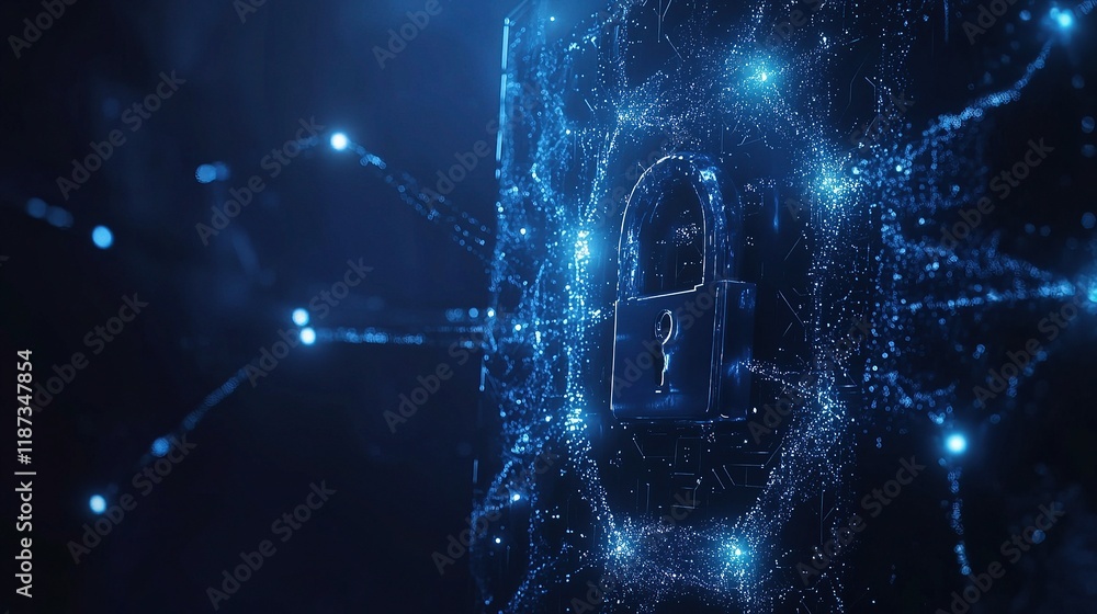 Poster concept of cybersecurity with digital padlock and binary lines