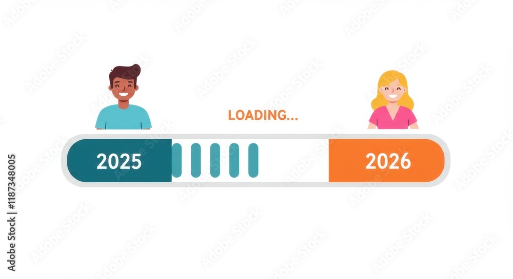 Poster transition from 2025 to 2026 with loading progress bar and diverse characters