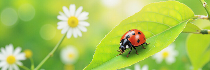 Fototapeta premium Ladybug crawling on green leaf with flowers in background