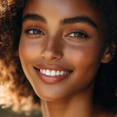 Young woman with curly hair smiles outdoors in golden sunlight, close-up beauty portrait.