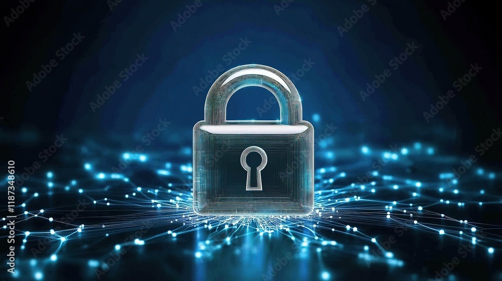 Aufkleber concept of cybersecurity protection with digital lock and network lines