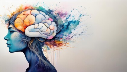 Vibrant Abstract Watercolor Depiction of a Complex Brain Structure Swathed in Expansive Empty Space, Showcasing Rich Color Gradients and Textural Elements