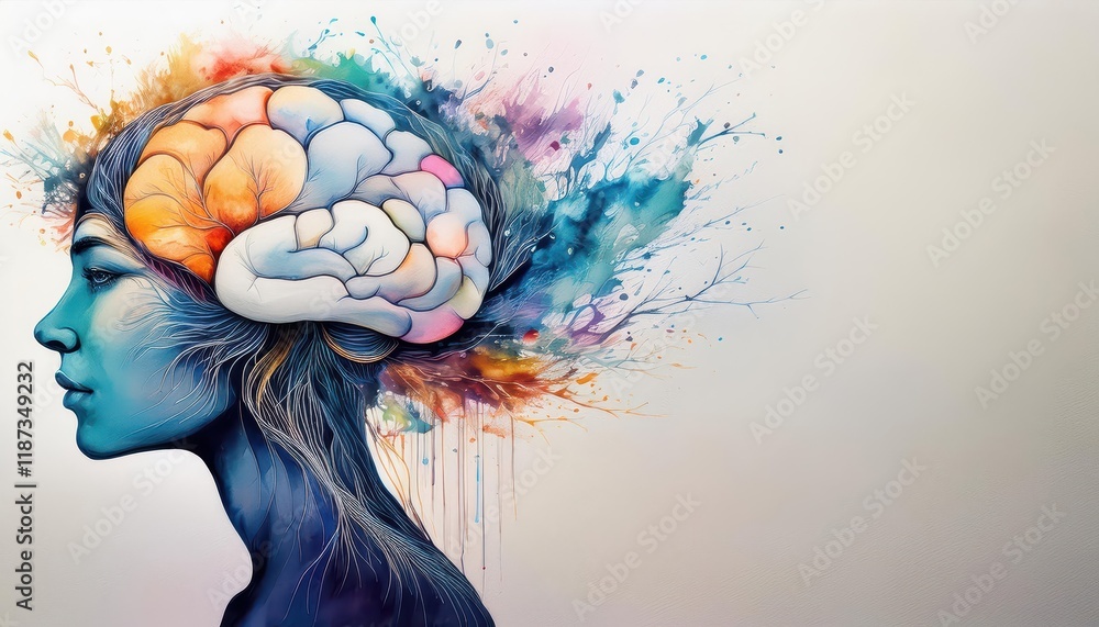 Poster striking watercolor abstraction of an enlarged brain against a spacious background, illustrating com