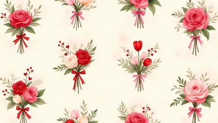 Romantic bouquets of roses, tulips, and peonies with heart-shaped leaves on a soft beige background. A whimsical and elegant Valentine&rsquo;s Day floral pattern.