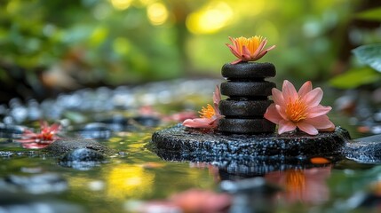Zen stones and water lilies in a tranquil forest stream at sunset.
