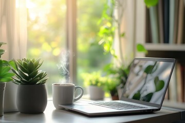 Fototapeta premium Minimalist workspace with laptop, coffee, and natural light