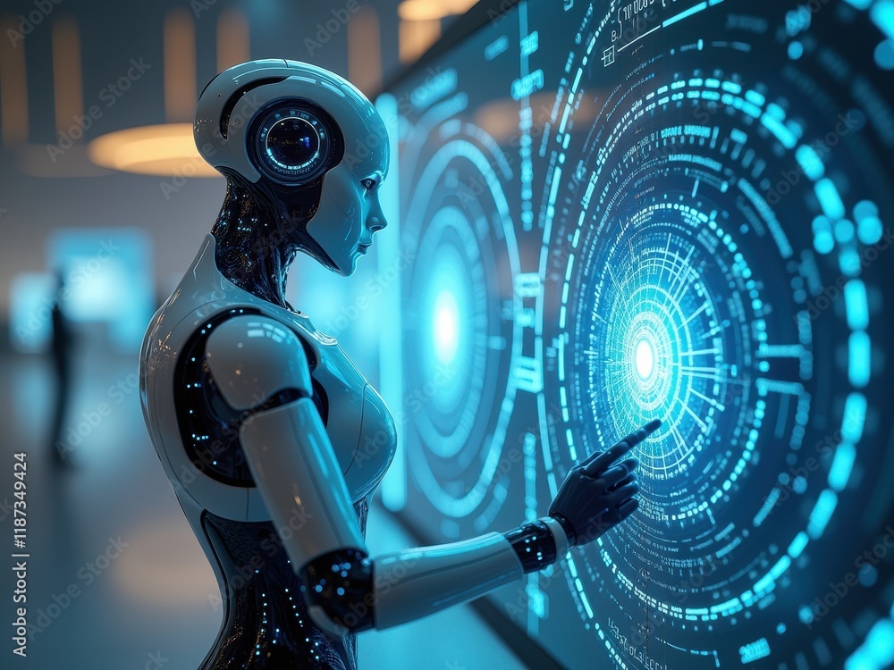 Poster futuristic robot interacting with a high-tech display in a modern laboratory during a bright daytime
