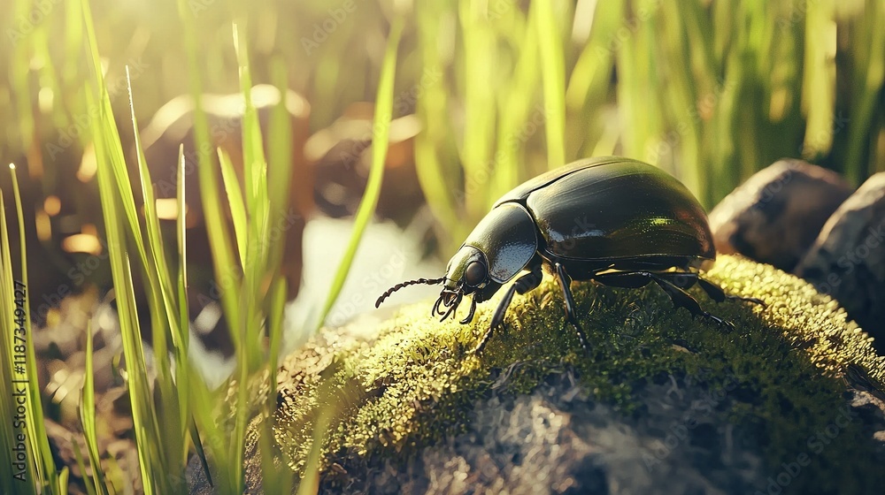 Canvas Prints   A beetle on a rock amidst green grass with sunlight behind it