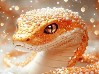 Golden snake with intense gaze amidst sparkling bokeh, ideal for fantasy projects.