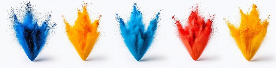 Assortment of colorful powder blasts. Holi paint, vivid rainbow Holi paint splash on a clear background. Stock photo