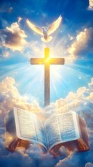 open bible with a cross and a dove divine background or wallpaper