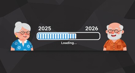 Illustration of seniors welcoming the new year 2026 with loading progress bar