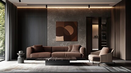 Modern sofa in rich chocolate brown with a sleek, low-profile frame and soft cushions 