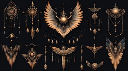 Golden Winged Ornaments on Dark Background for Design Projects.
