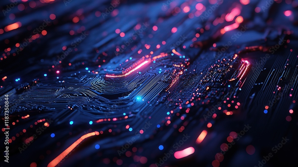 Poster intricate close-up view of a computer motherboard circuit design