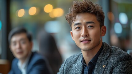 Fototapeta premium Young man smiling in a social setting.