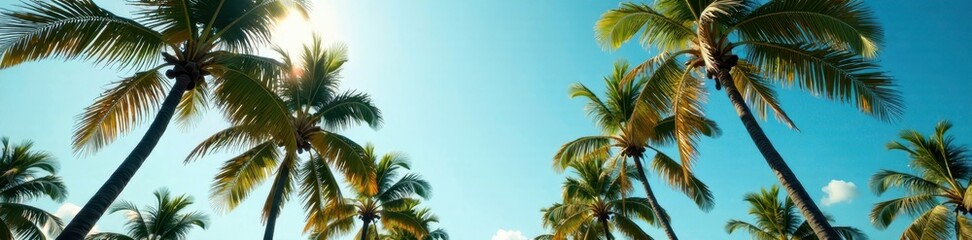 Palm trees stand tall with outstretched leaves towards the sky, tropical, landscape