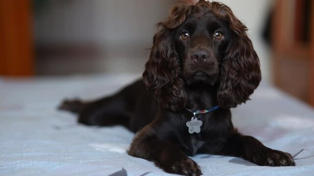 Young English Cocker Spaniel, close-up portrait. Young dark brown English Cocker Spaniel puppy on the bed. A young playful English Cocker Spaniel puppy looks at the camera. Happy pup, soft focus