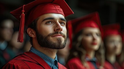 Graduate in red cap looks ahead at ceremony with blurred crowd.