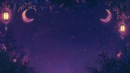Naklejka premium Night sky with moons and lanterns in a serene setting.