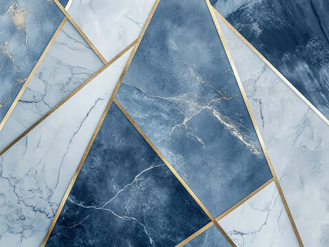 A geometric composition of blue marble slabs with gold leaf accents