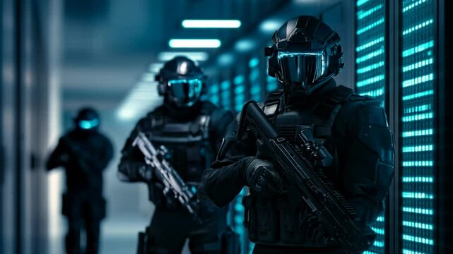 SWAT soldiers team in data center. Special forces in cyber war. Cybercrime, cybersecurity concept. Data and network protection. Armed FBI agent, police officer in AI cluster corridor. Security guard